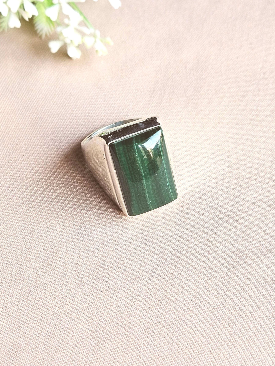 Men’s Natural Malachite Stone Ring – Handcrafted Silver Plated GS Bold Statement Ring