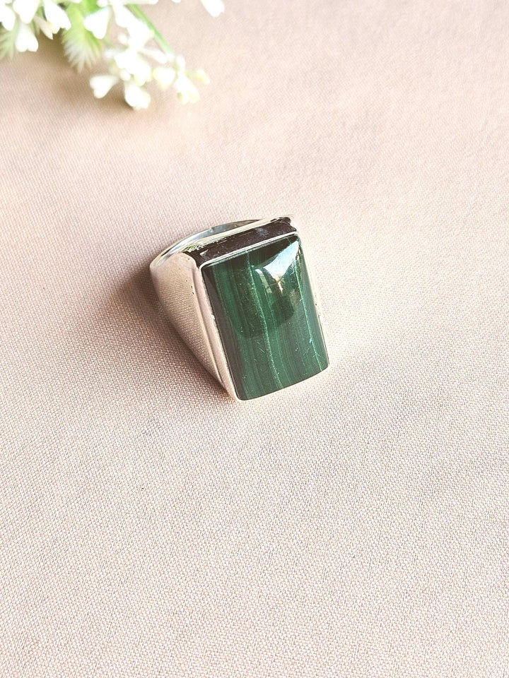 Men’s Natural Malachite Stone Ring – Handcrafted Silver Plated GS Bold Statement Ring