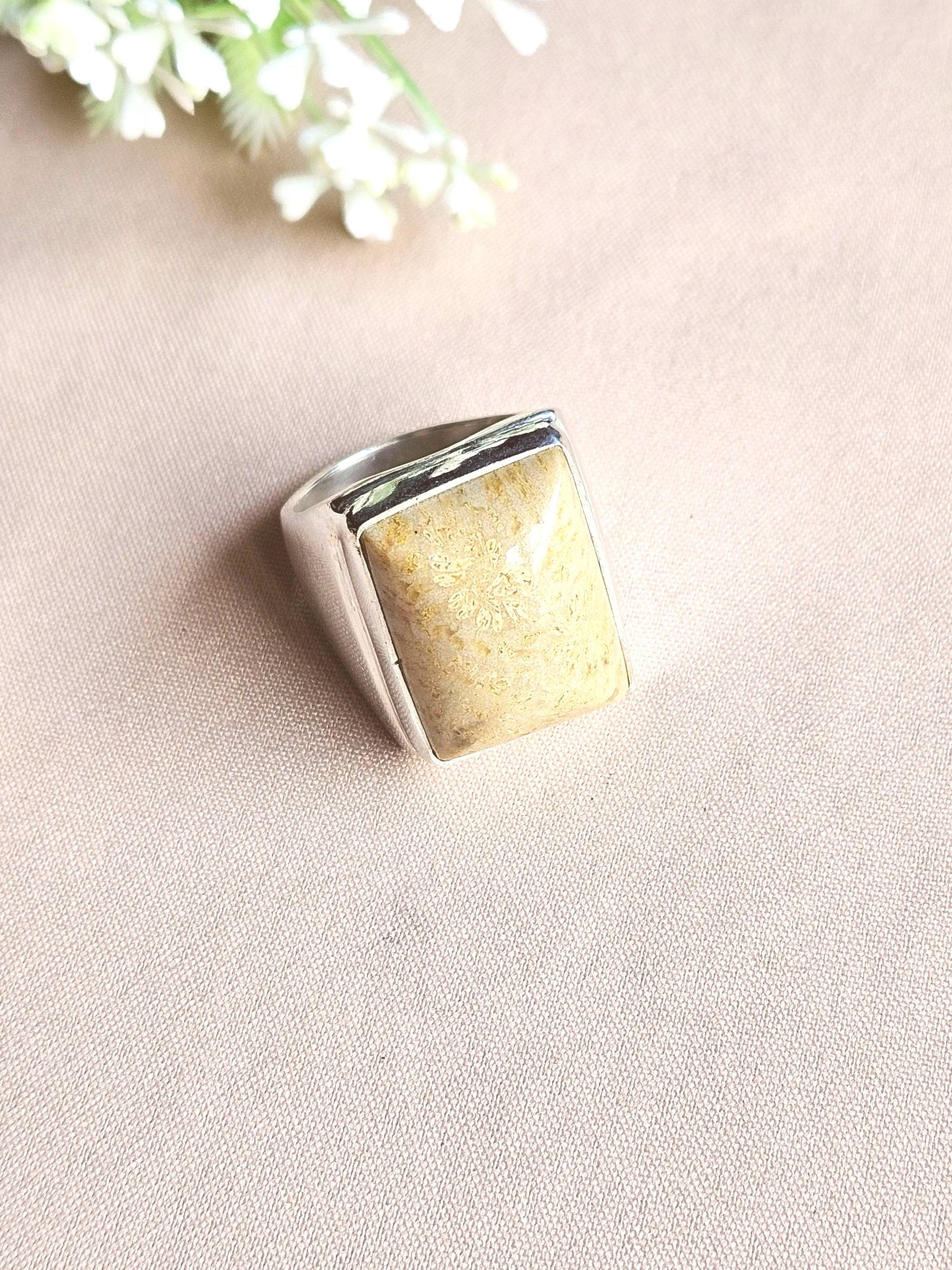 Artisan Fossil Coral Gemstone Ring – Silver Plated GS Ring for Men