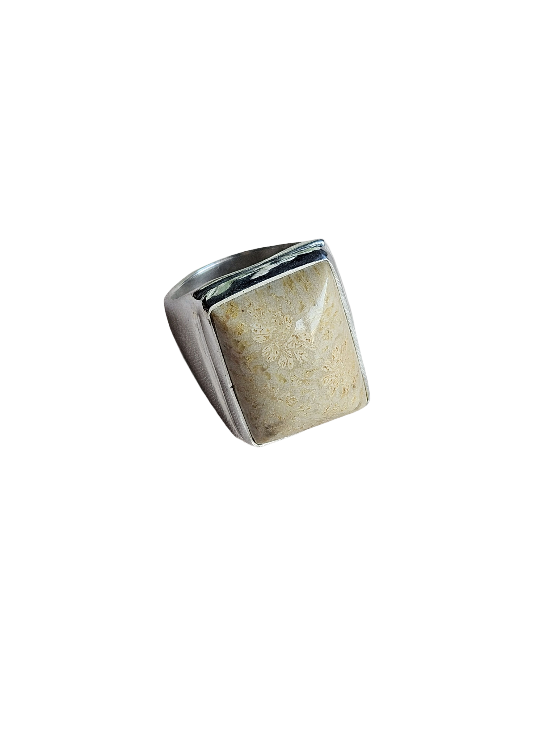 Artisan Fossil Coral Gemstone Ring – Silver Plated GS Ring for Men