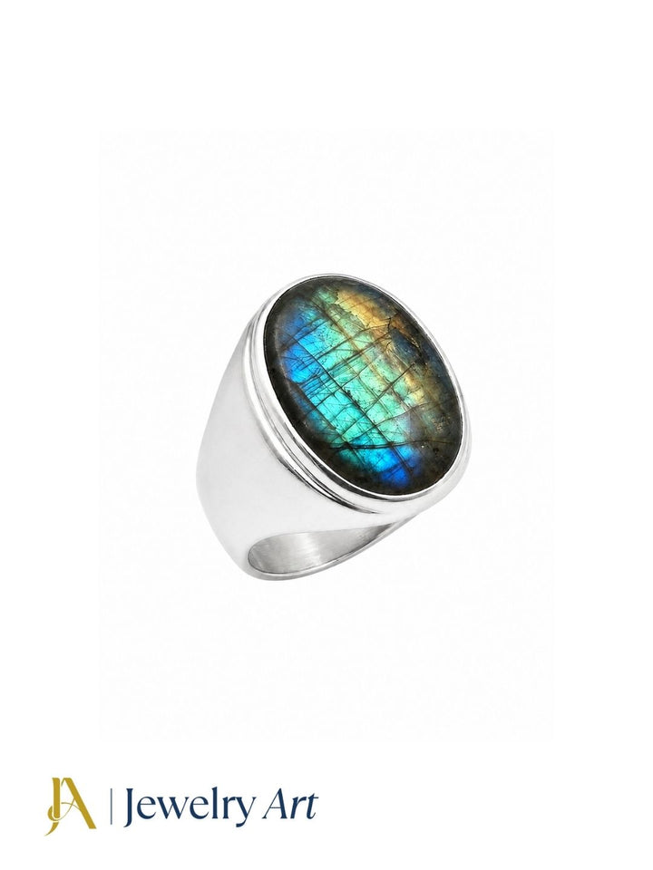 Premium natural Labradorite gemstone ring for men crafted in silver plated GS, artisan handcrafted fashion ring isolated on a white background.
