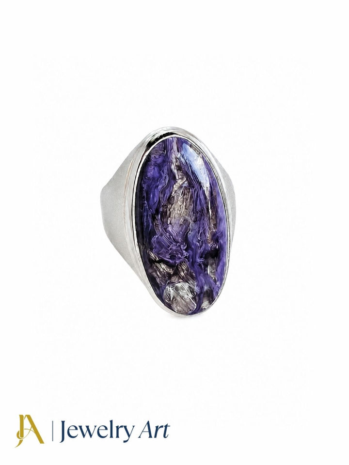 Unique natural Charoite gemstone designer statement ring for men in silver plated GS, handcrafted artisan jewelry displayed on a pure white background.
