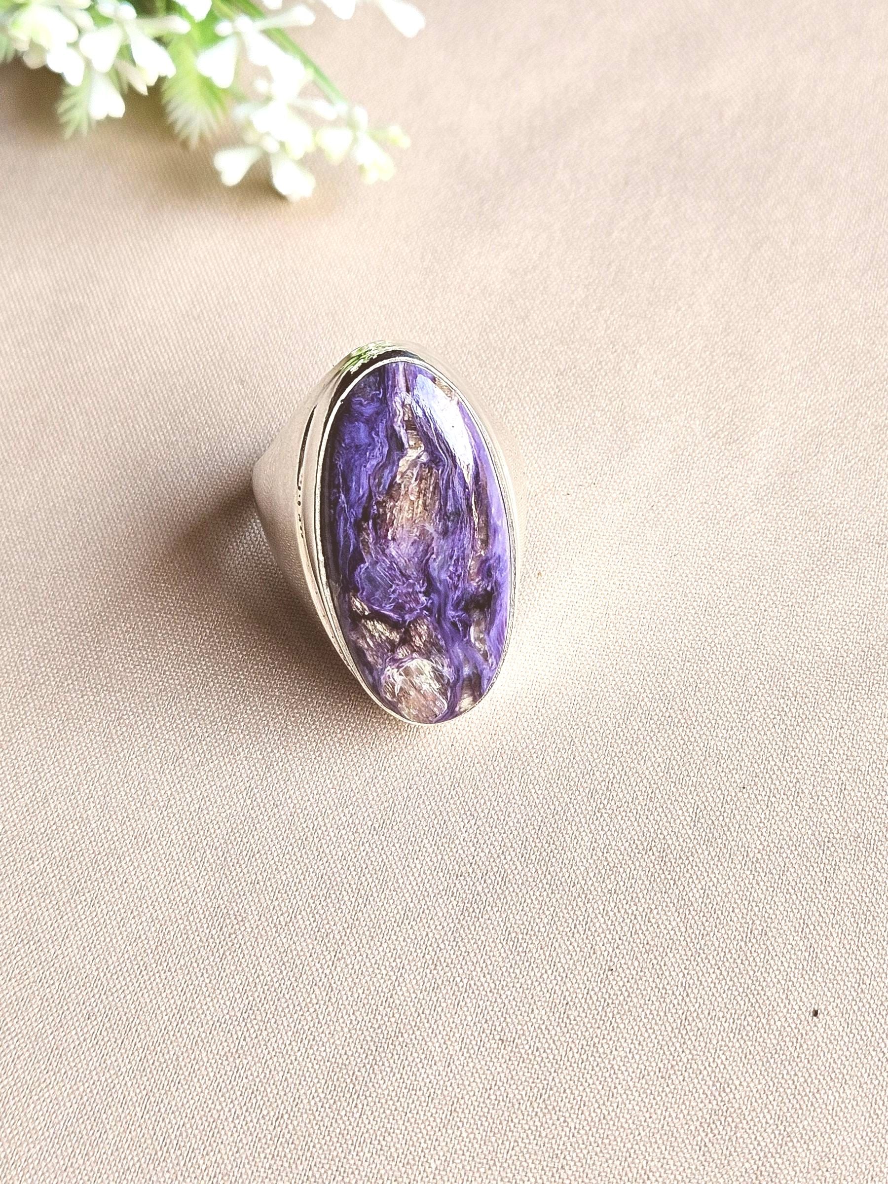 Handcrafted Charoite Gemstone Ring for Men – Silver Plated GS Designer Statement Ring