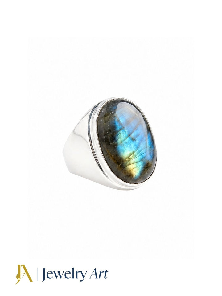 Elegant natural Labradorite stone men's ring with a handcrafted silver plated GS setting, professionally photographed on a pure white background.
