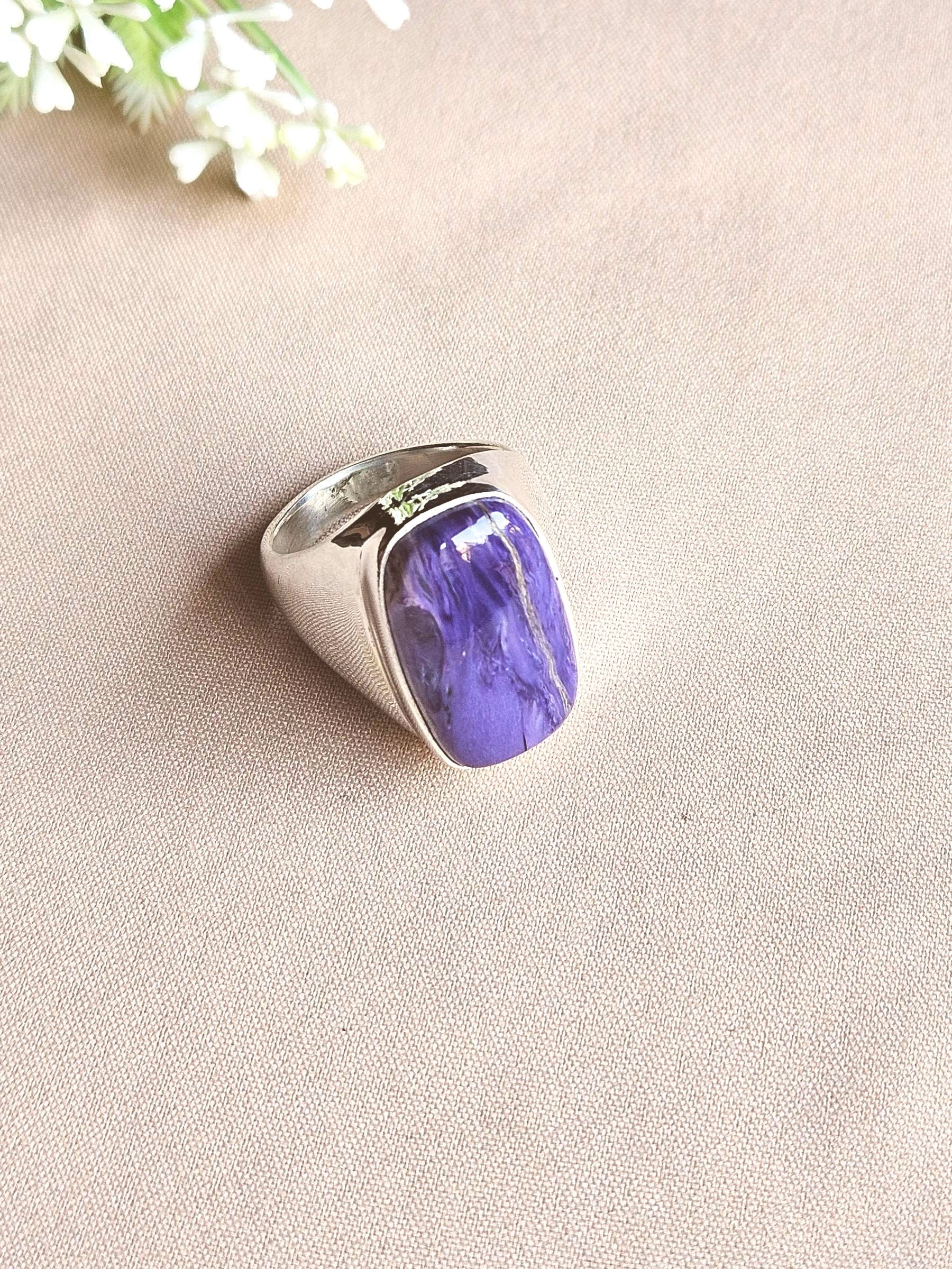 Handcrafted Charoite Gemstone Ring for Men – Silver Plated GS Designer Statement Ring