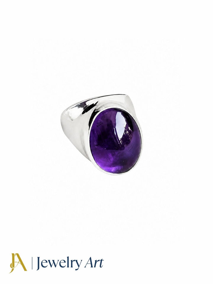 Artisan Amethyst gemstone ring for men in silver plated GS, handcrafted designer ring isolated on a pure white background for premium eCommerce jewelry photography.
