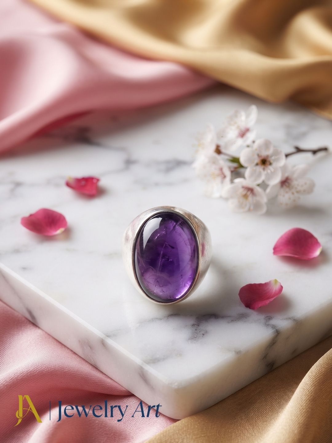 Handcrafted Amethyst gemstone ring for men in silver plated GS displayed in a luxury decorative jewelry setup with elegant props, highlighting the natural gemstone and artisan craftsmanship
