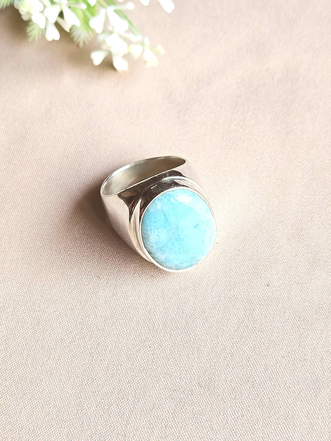 Natural Larimar Gemstone Men’s Ring – Handcrafted Silver Overlay GS Bold Statement Ring