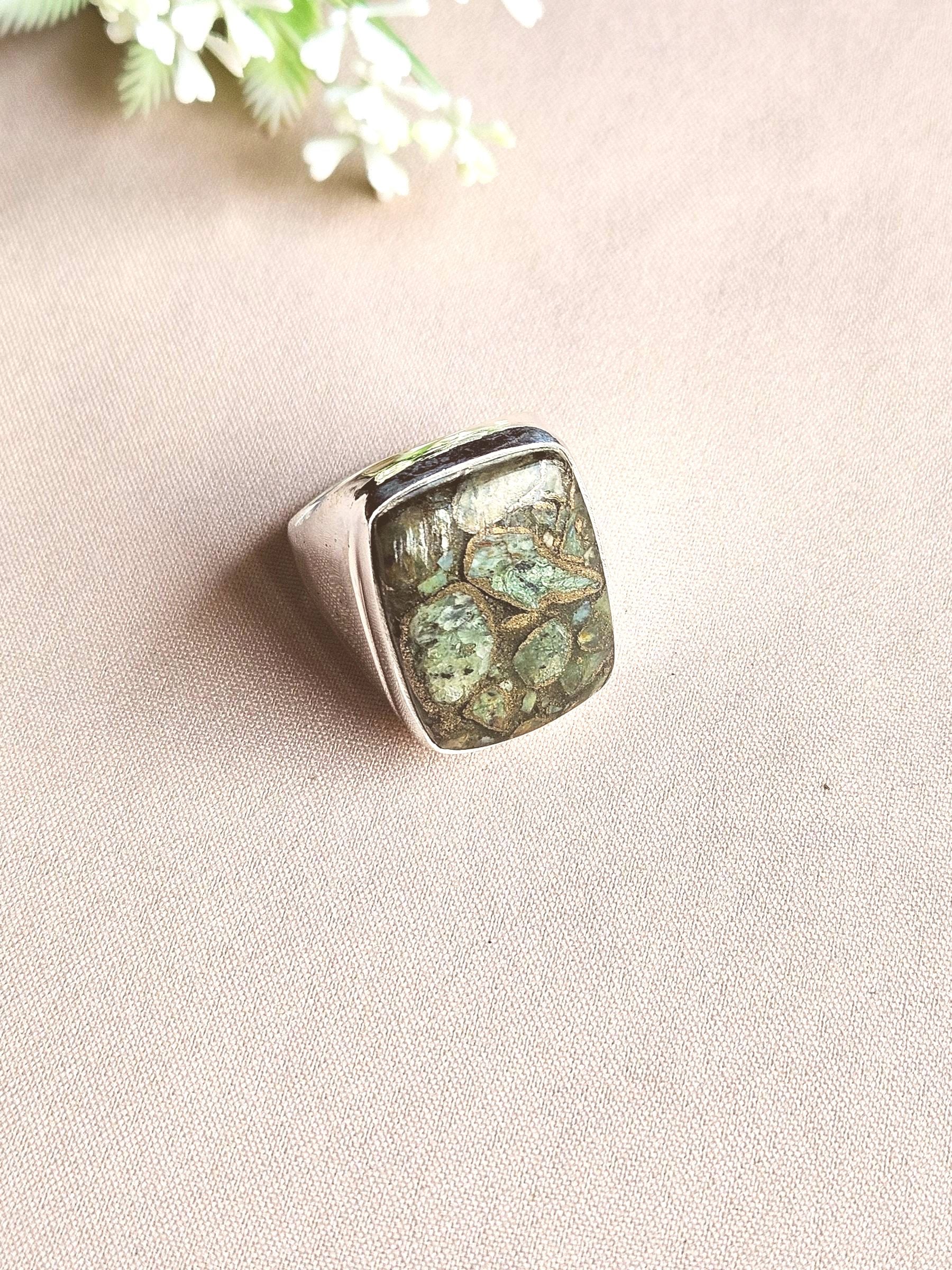Natural Copper Chrysocola Gemstone Men’s Ring – Handcrafted Silver Overlay GS Bold Statement Ring