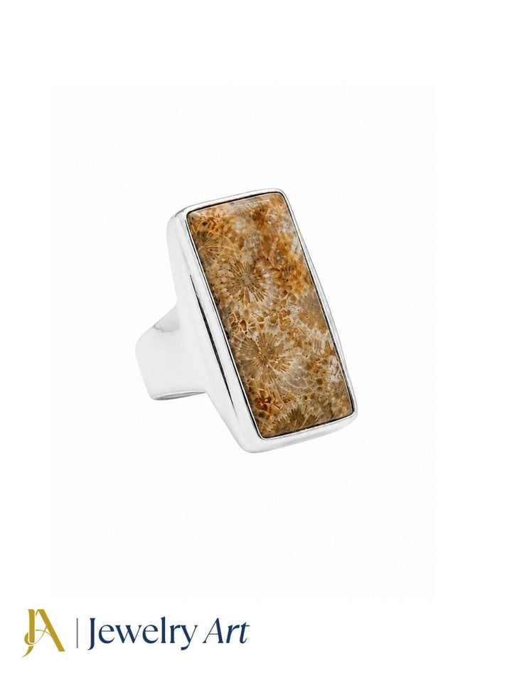 Natural Fossil Coral gemstone men's ring in silver overlay GS, handcrafted bold statement ring isolated on a pure white background for premium eCommerce jewelry photography.
