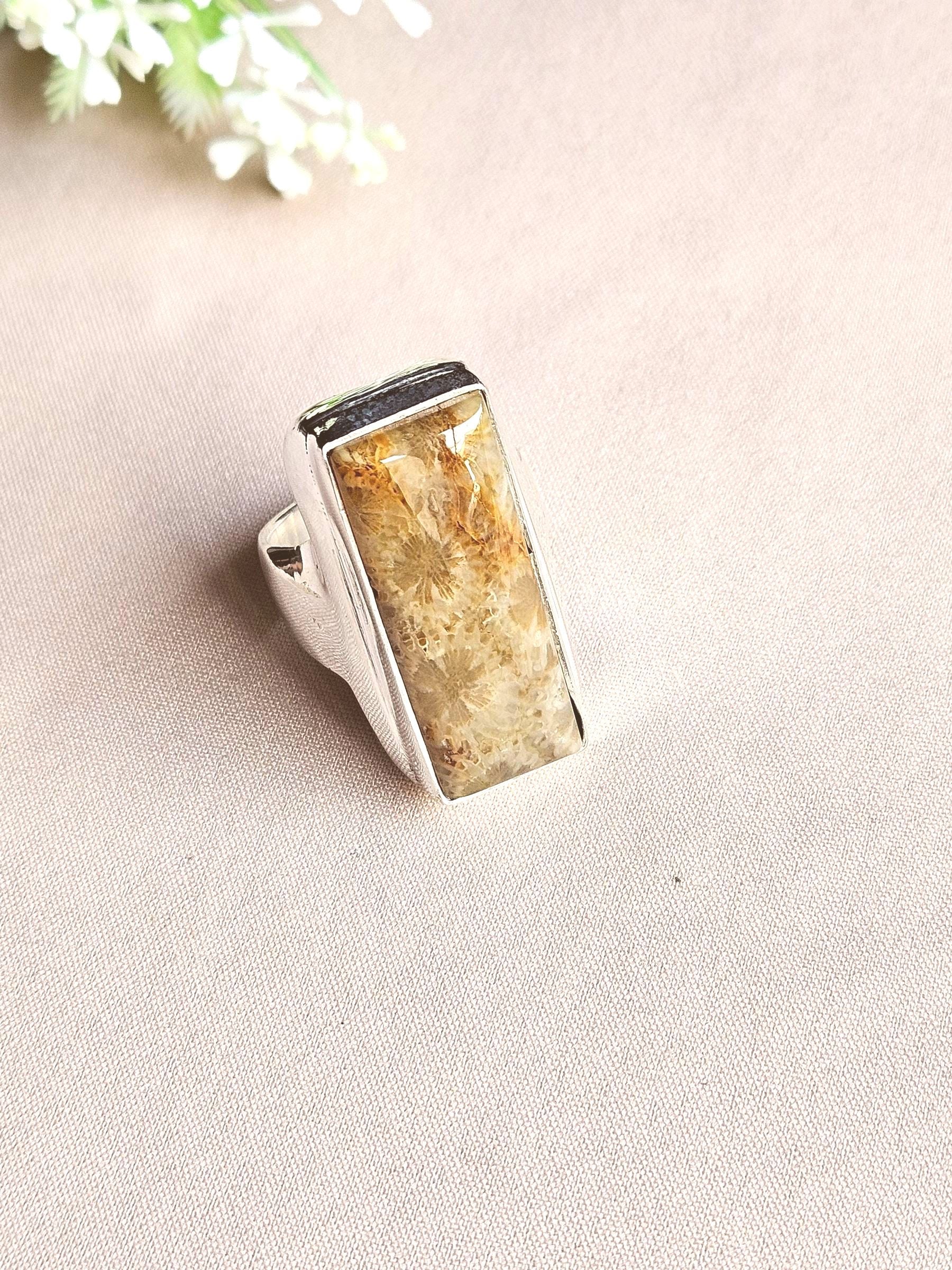 Natural Fossil Coral Gemstone Men’s Ring – Handcrafted Silver Overlay GS Bold Statement Ring