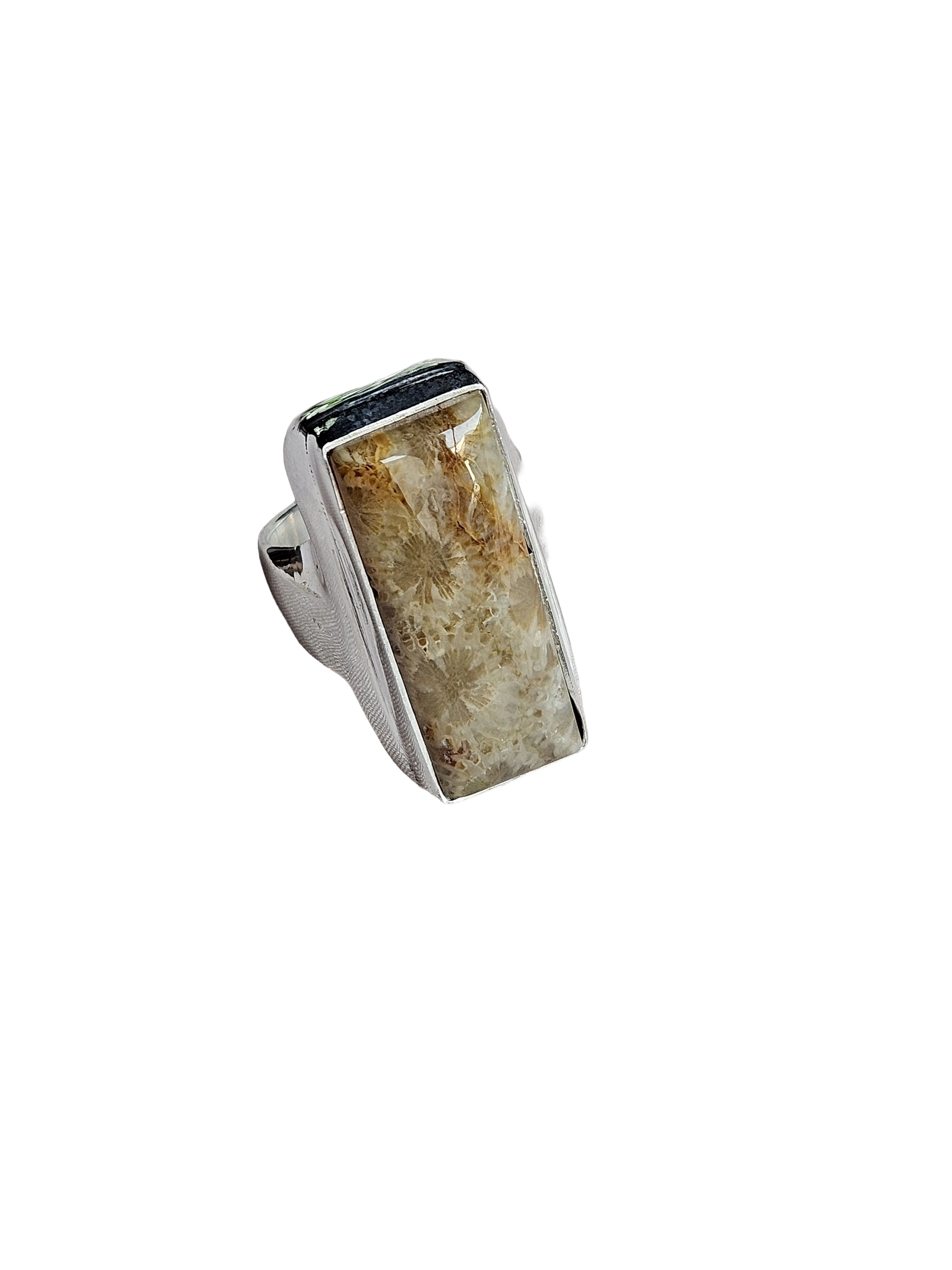 Natural Fossil Coral Gemstone Men’s Ring – Handcrafted Silver Overlay GS Bold Statement Ring