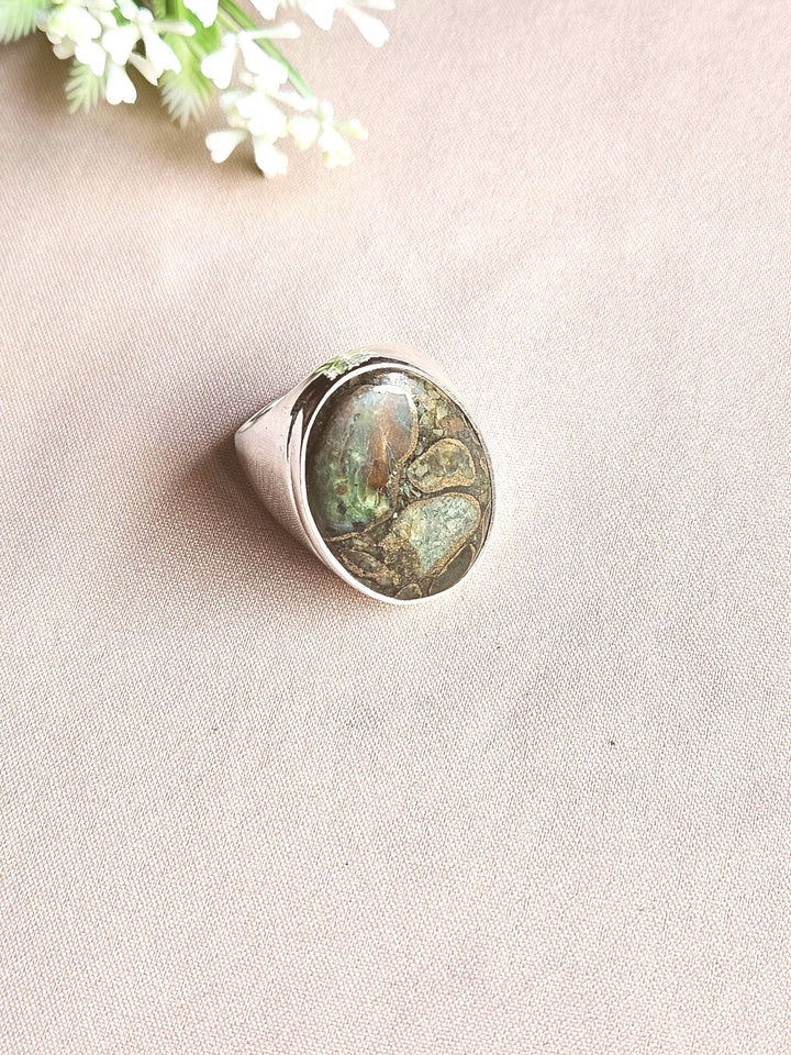 Men’s Natural Copper Chrysocola Ring – Handcrafted Silver Overlay GS Unique Artisan Jewelry