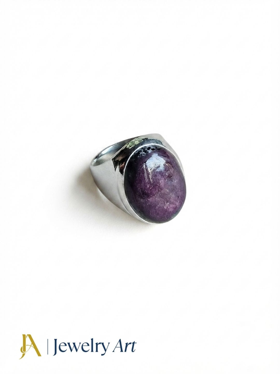 Men's natural Ruby Zoisite ring in Silver Overlay GS, handcrafted unique artisan jewelry isolated on a pure white background for premium eCommerce product photography.
