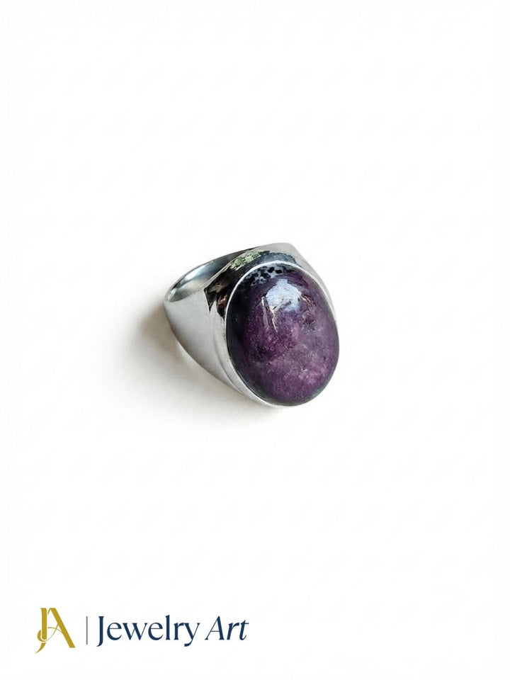 Men's natural Ruby Zoisite ring in Silver Overlay GS, handcrafted unique artisan jewelry isolated on a pure white background for premium eCommerce product photography.
