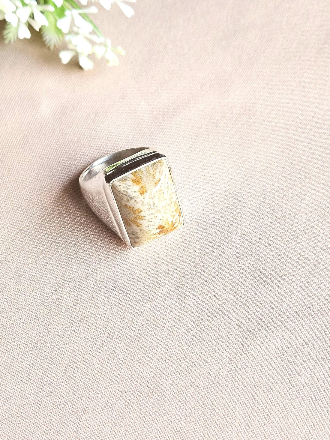 Artisan Fossil Coral Gemstone Ring – Silver Plated GS Ring for Men