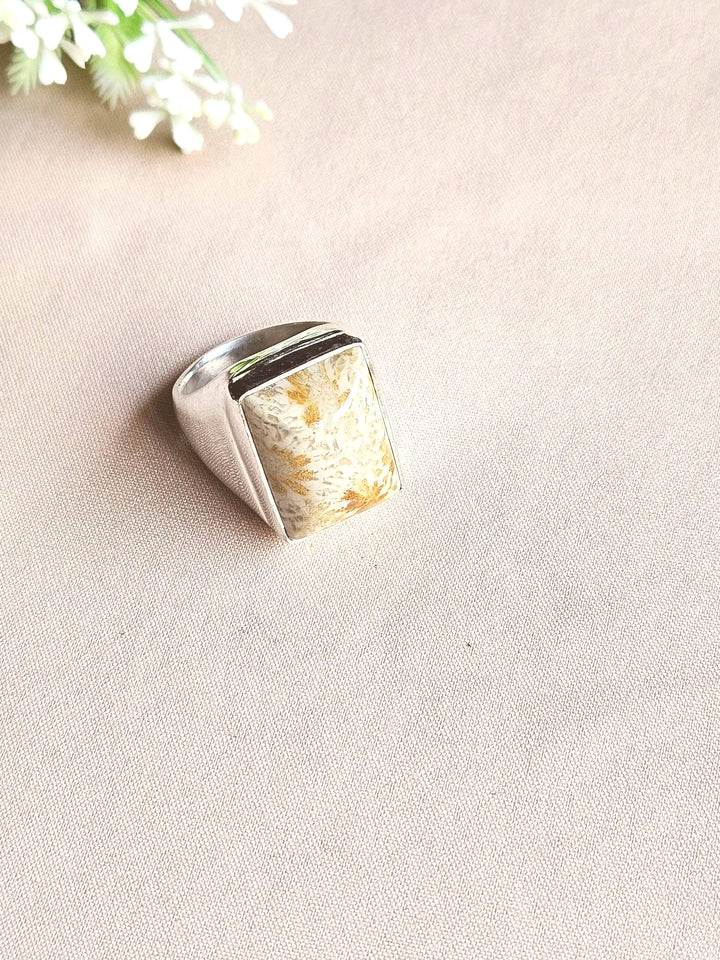 Artisan Fossil Coral Gemstone Ring – Silver Plated GS Ring for Men