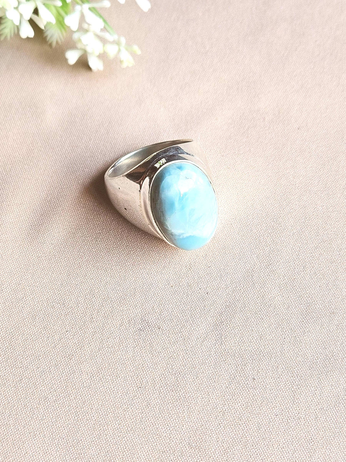 Natural Larimar Gemstone Men’s Ring – Handcrafted Silver Overlay GS Bold Statement Ring
