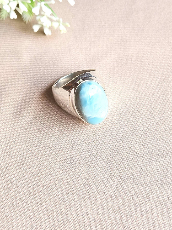 Natural Larimar Gemstone Men’s Ring – Handcrafted Silver Overlay GS Bold Statement Ring (Copy)