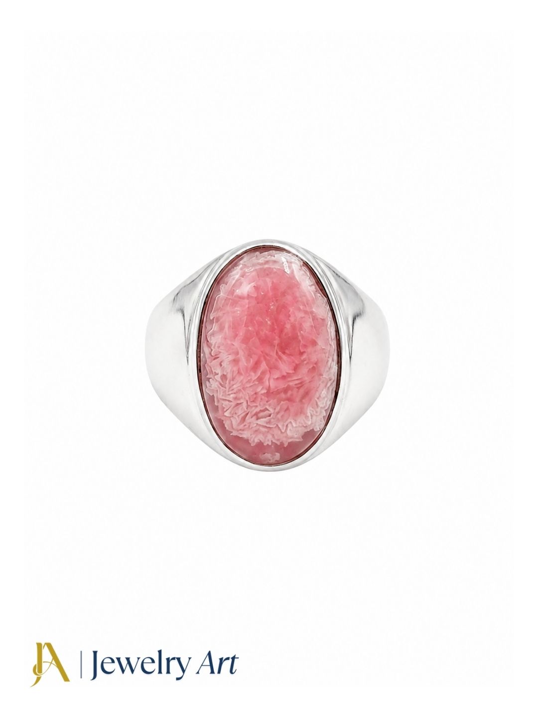 Premium Pink Agate gemstone silver plated statement ring on white background
