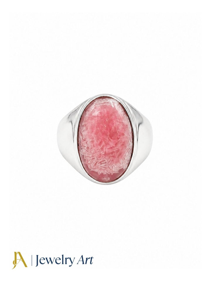 Premium Pink Agate gemstone silver plated statement ring on white background
