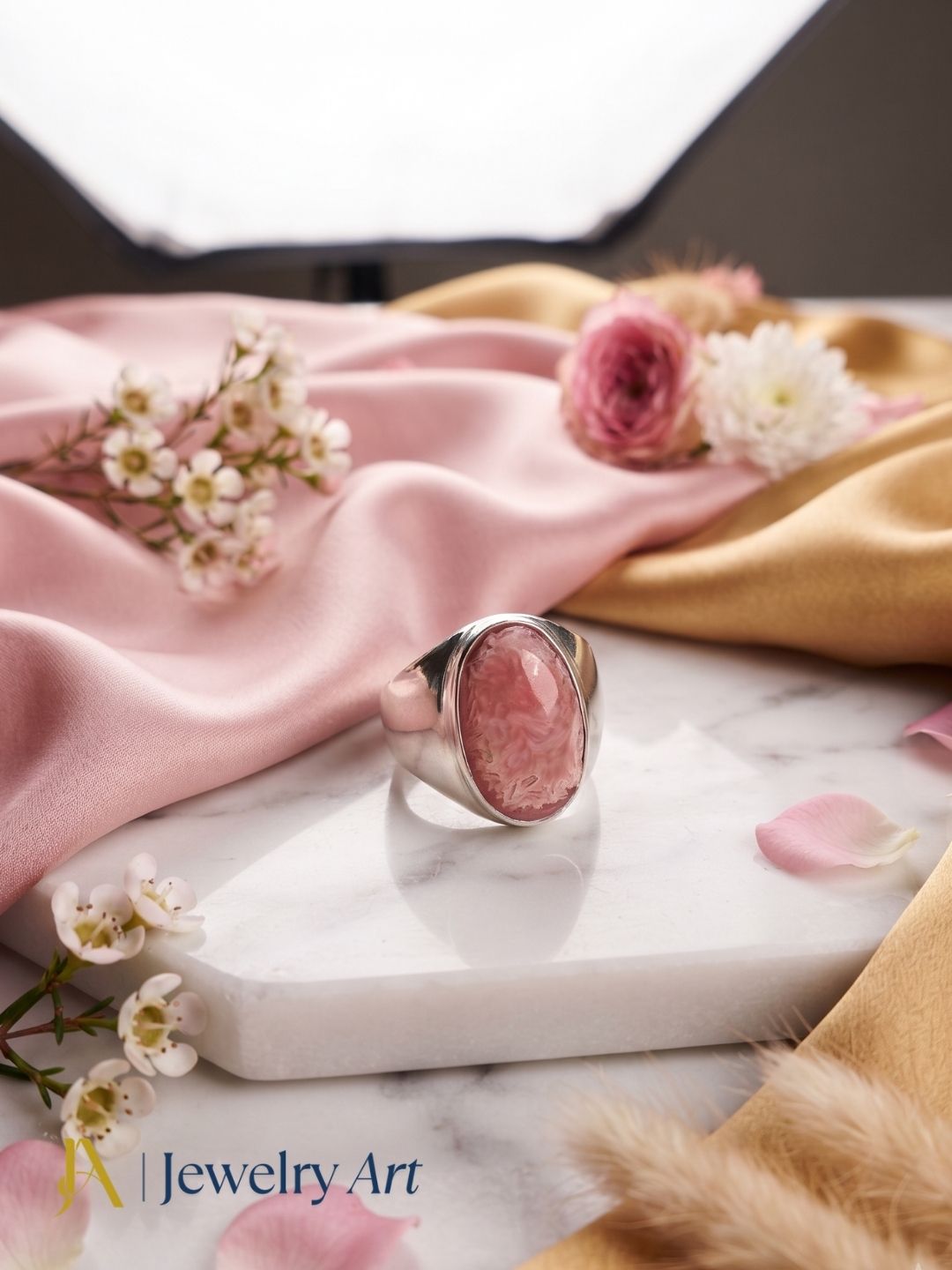 Creative arrangement of silver plated Pink Agate designer ring

