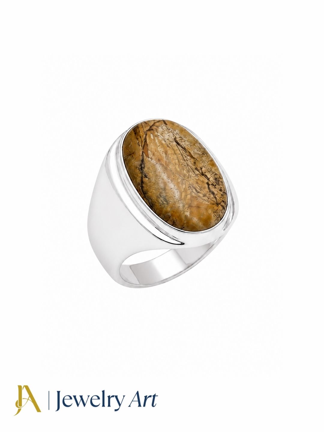 Luxury handcrafted Picture Jasper gemstone ring for men featuring a silver plated GS setting and a natural gemstone, displayed on a pure white background.
