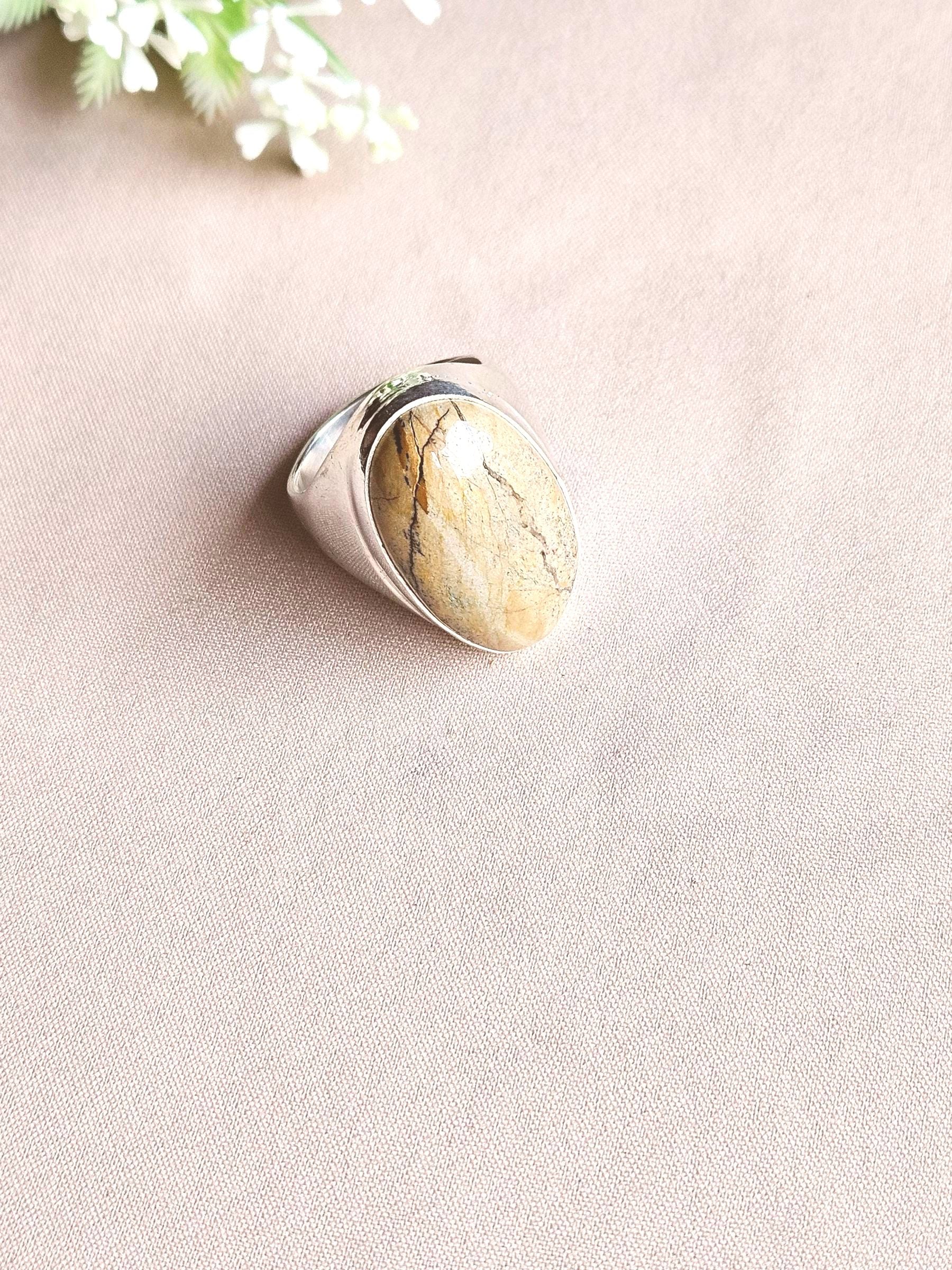 Artisan Picture Jasper Gemstone Ring – Silver Plated GS Ring for Men