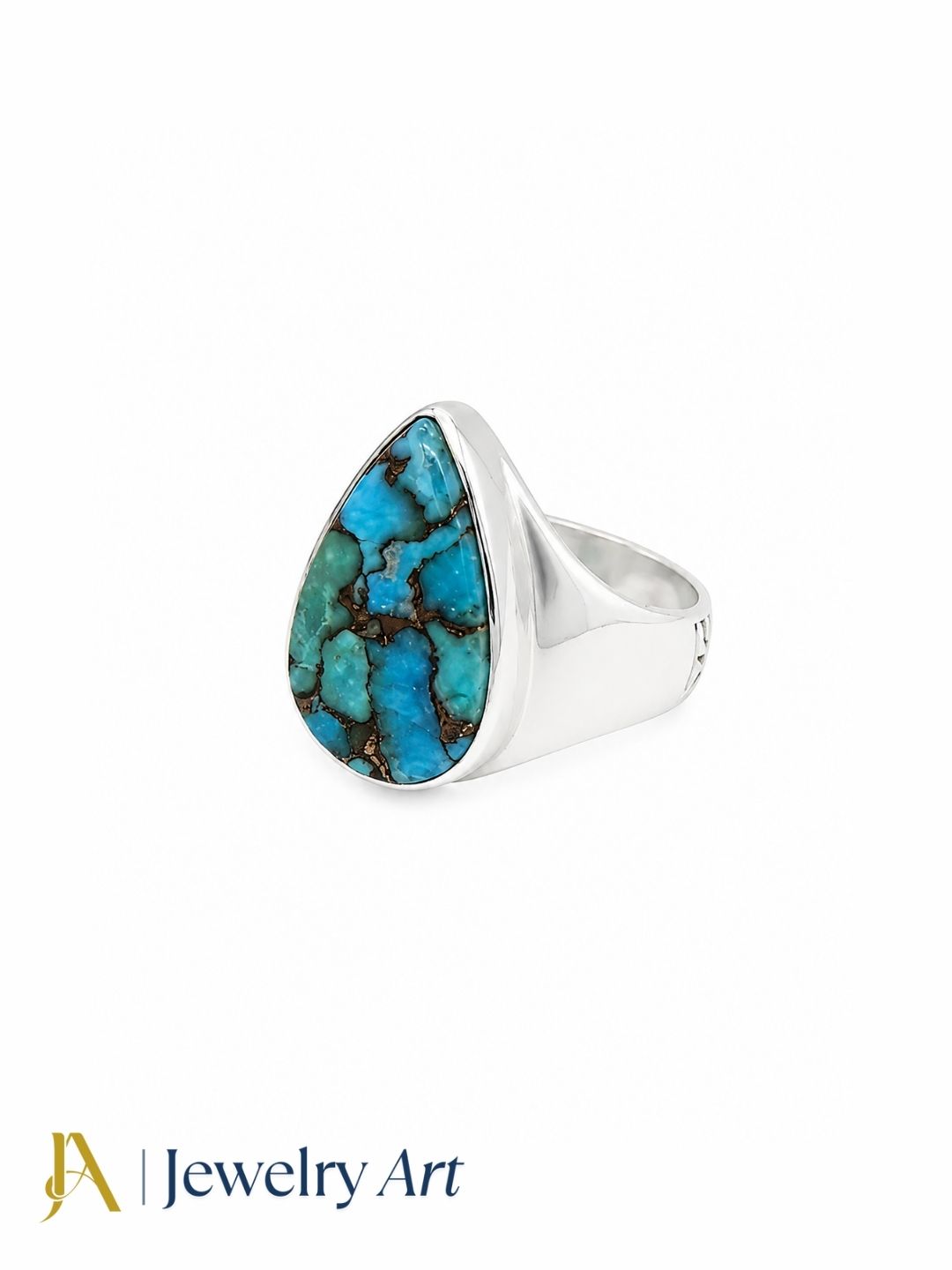 Luxury handcrafted Copper Turquoise gemstone men's ring with Silver Overlay GS, showcasing a genuine natural gemstone and timeless artisan craftsmanship.
