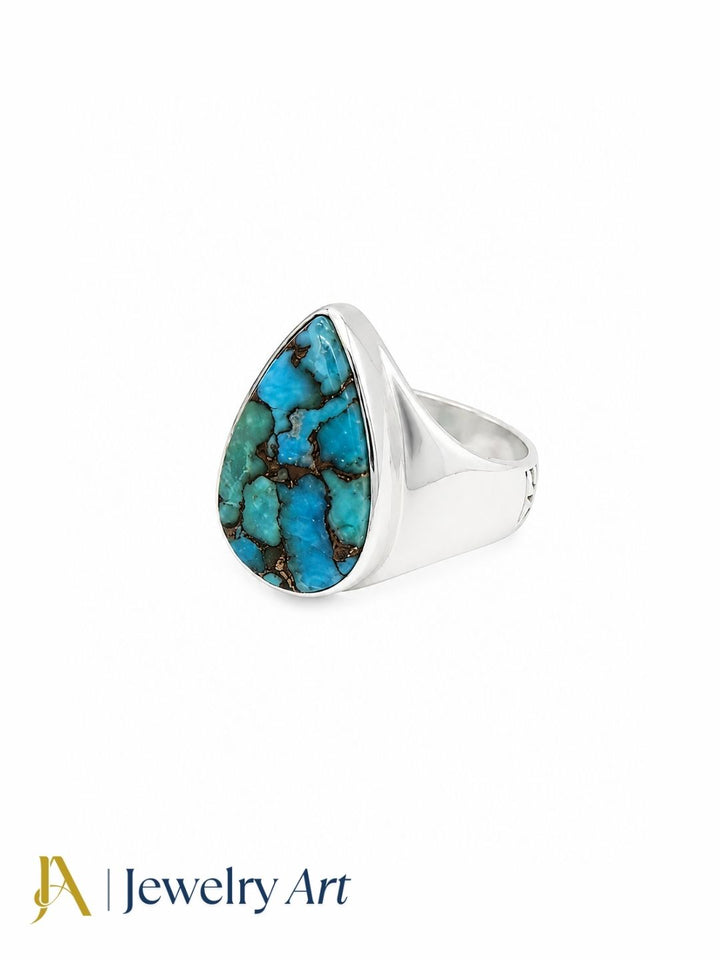 Luxury handcrafted Copper Turquoise gemstone men's ring with Silver Overlay GS, showcasing a genuine natural gemstone and timeless artisan craftsmanship.
