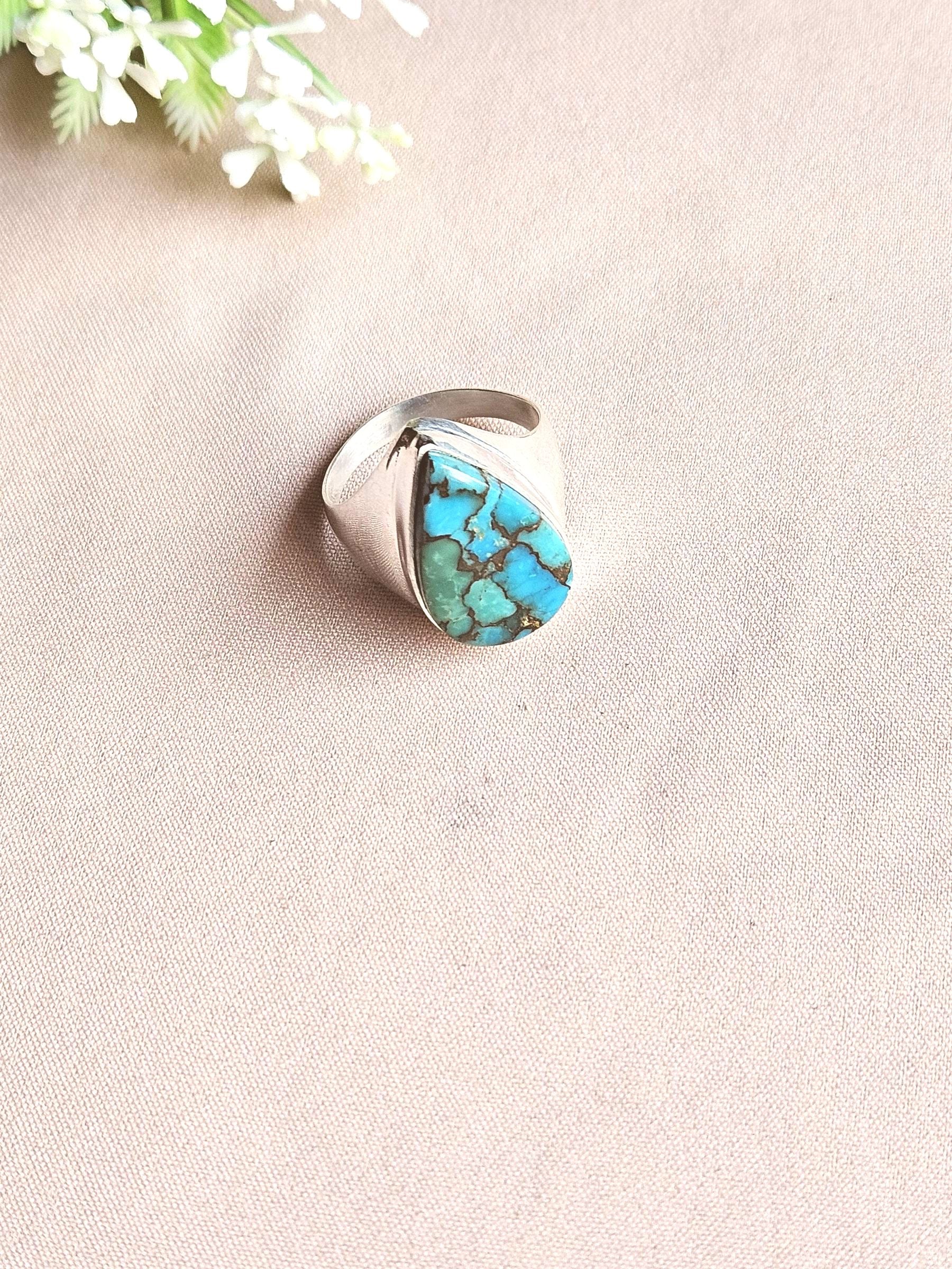 Natural Copper Turquoise Gemstone Men’s Ring – Handcrafted Silver Overlay GS Bold Statement Ring