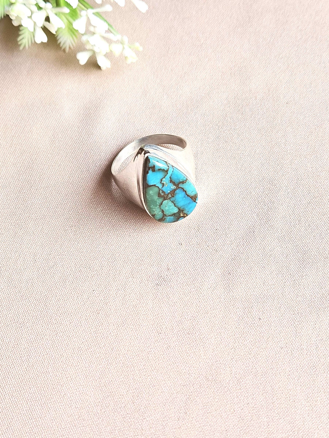 Natural Copper Turquoise Gemstone Men’s Ring – Handcrafted Silver Overlay GS Bold Statement Ring