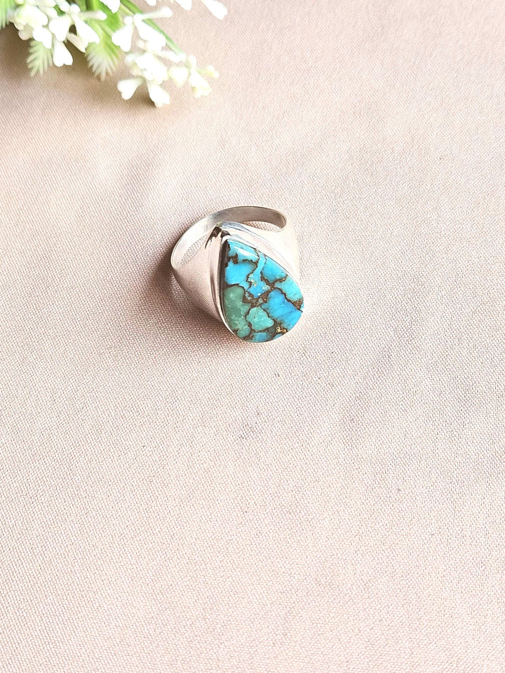 Natural Copper Turquoise Gemstone Men’s Ring – Handcrafted Silver Overlay GS Bold Statement Ring