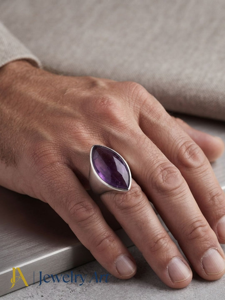 Luxury men's jewelry featuring a handcrafted Amethyst gemstone ring with silver plated GS finish and premium artisan craftsmanship.
