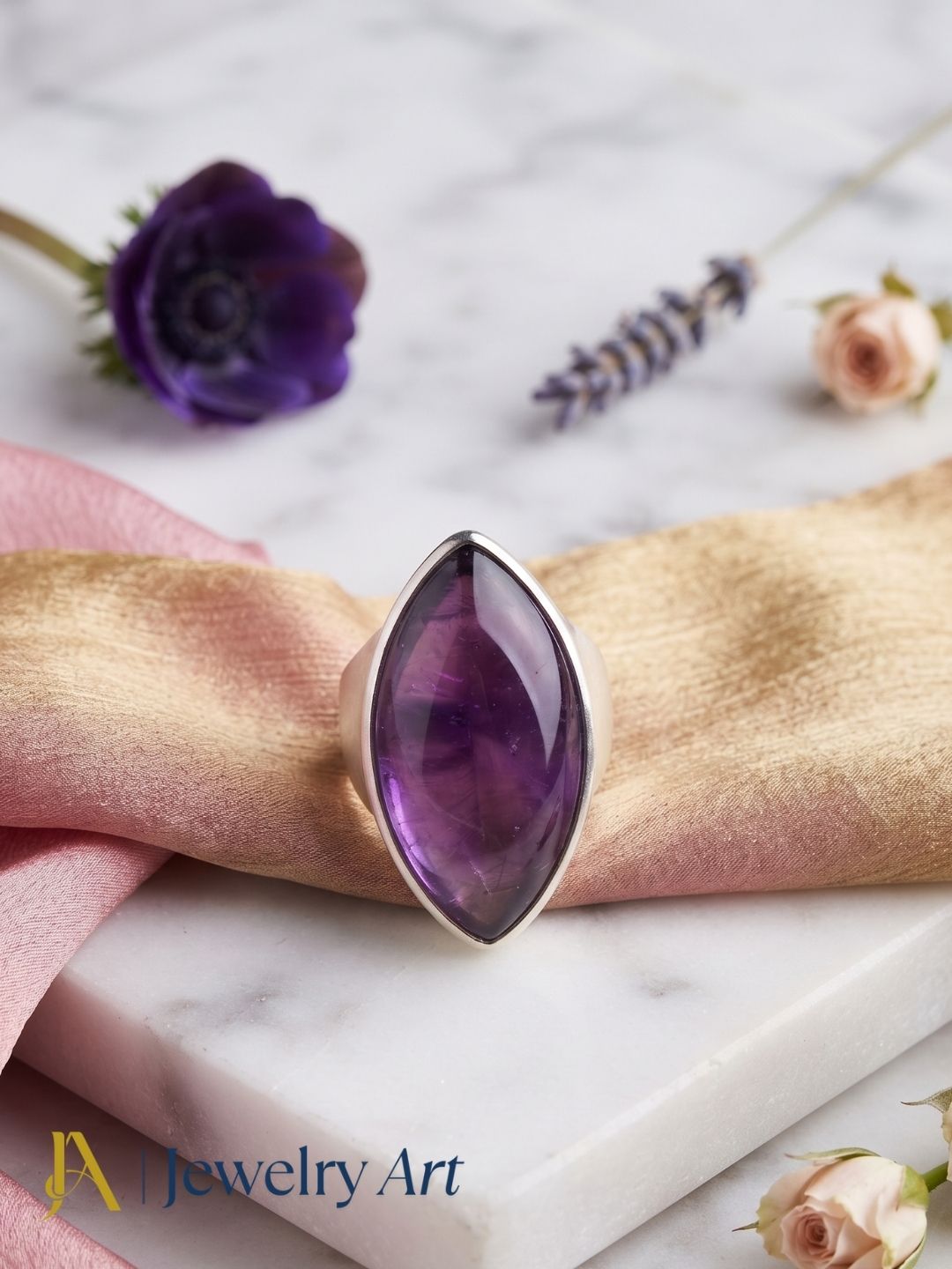 Natural Amethyst gemstone ring in silver plated GS displayed in a refined decorative jewelry arrangement with premium styling.
