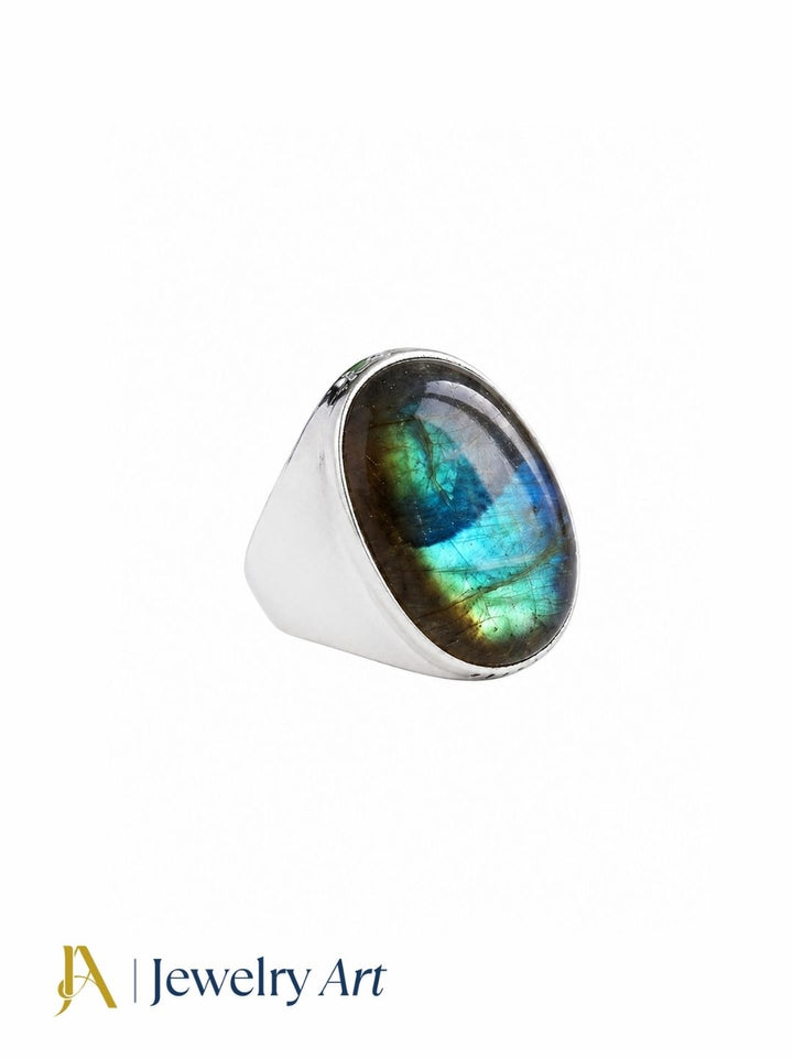 Luxury handcrafted Labradorite gemstone men's ring with silver plated GS, showcasing a genuine natural gemstone and timeless artisan craftsmanship.
