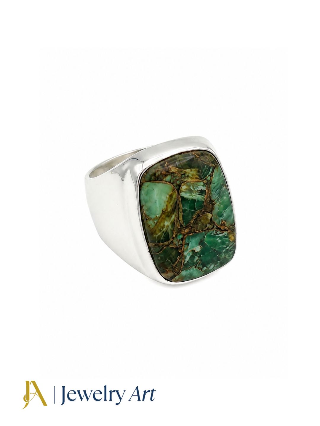 Luxury handmade Copper Chrysocola gemstone men's ring with silver plated GS, showcasing a genuine natural gemstone and timeless artisan craftsmanship.
