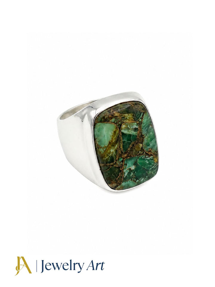 Luxury handmade Copper Chrysocola gemstone men's ring with silver plated GS, showcasing a genuine natural gemstone and timeless artisan craftsmanship.
