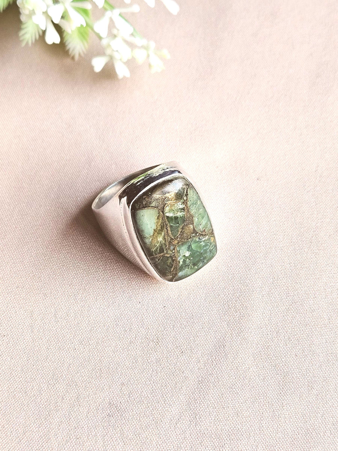 Artisan Copper Chrysocola Gemstone Ring – Silver Plated GS Ring for Men
