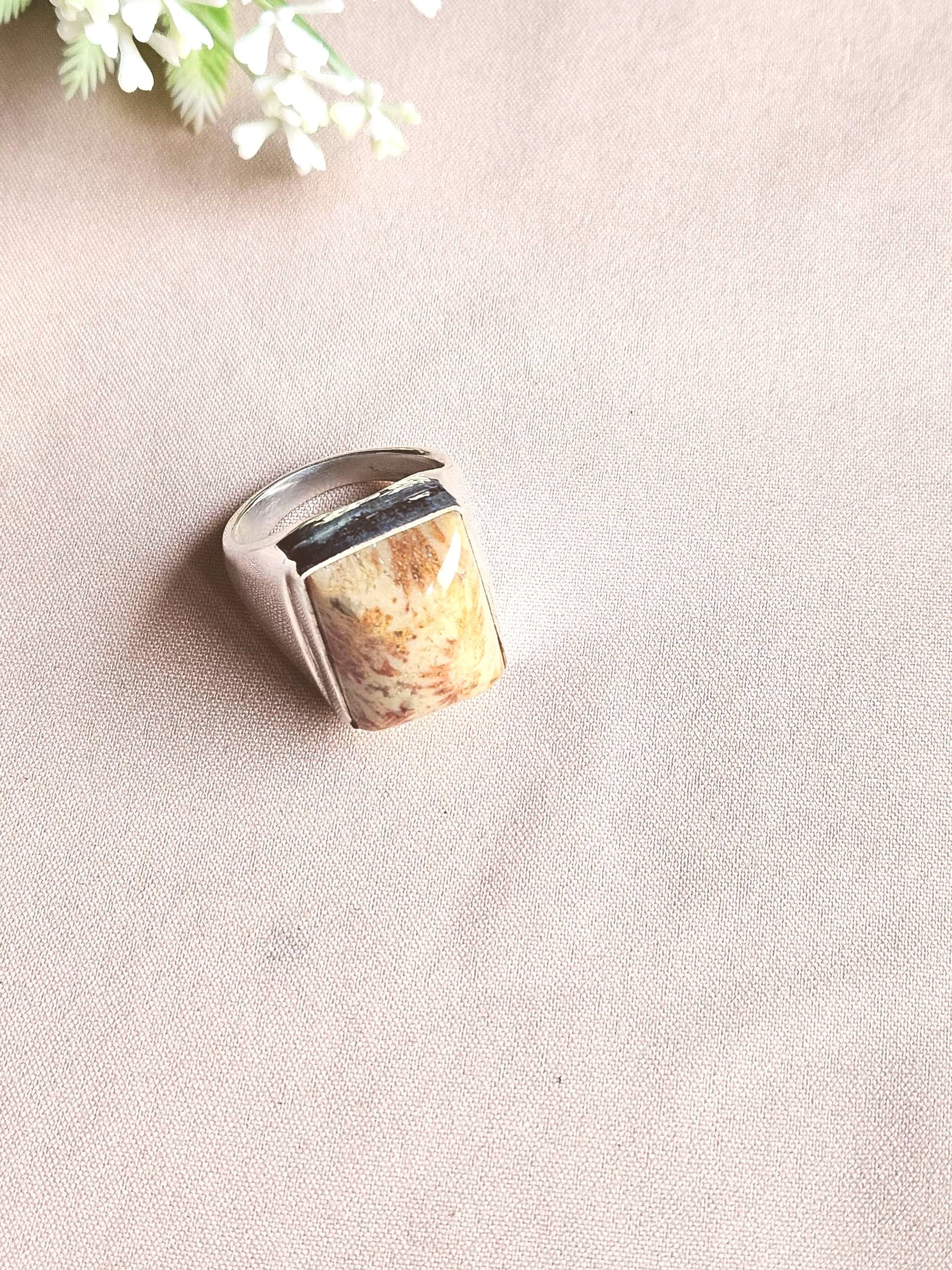 Artisan Fossil Coral Gemstone Ring – Silver Plated GS Ring for Men