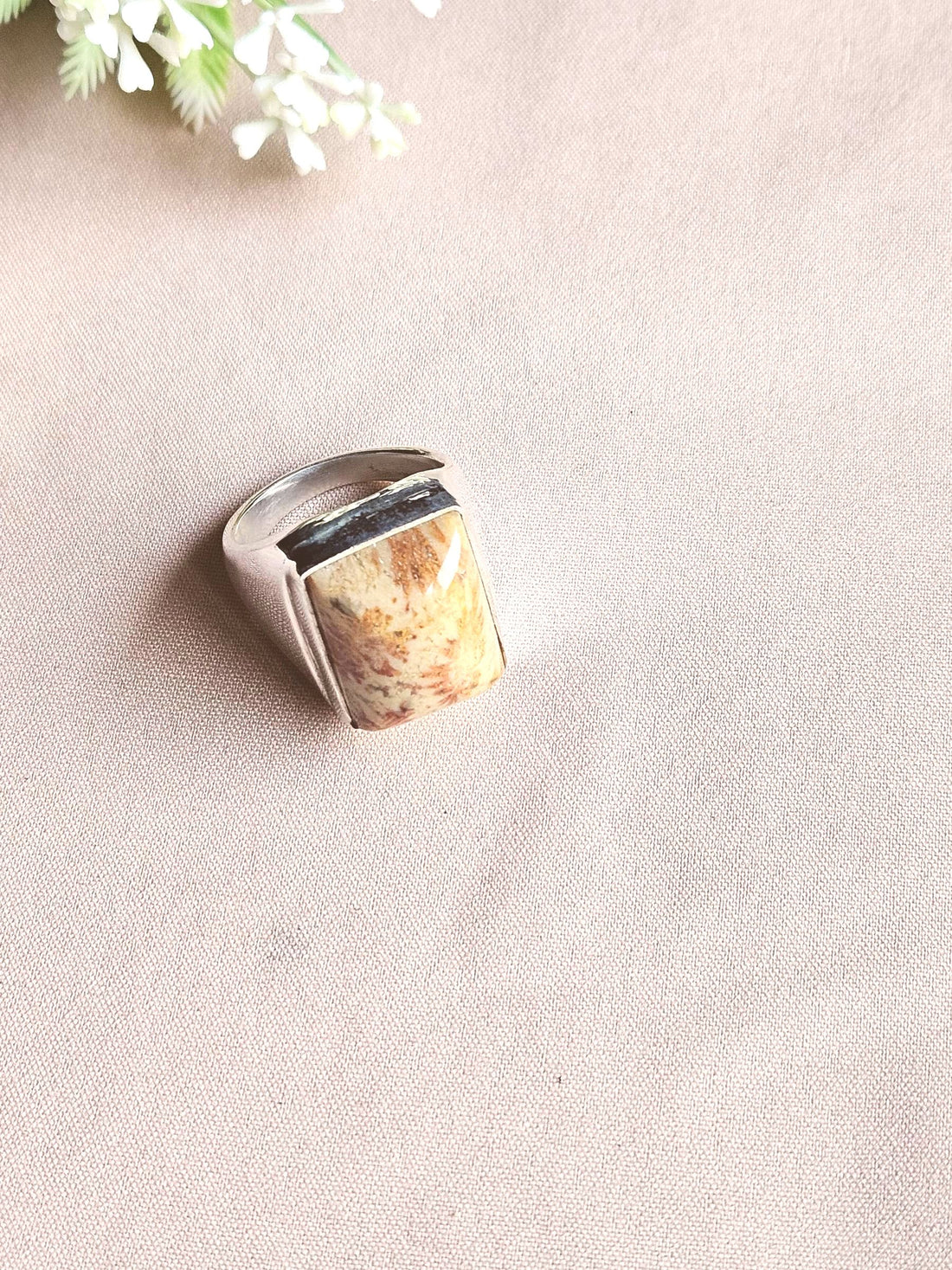 Artisan Fossil Coral Gemstone Ring – Silver Plated GS Ring for Men