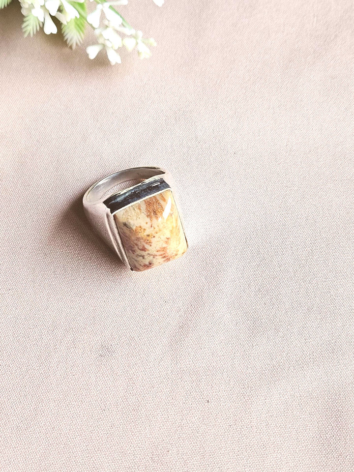 Artisan Fossil Coral Gemstone Ring – Silver Plated GS Ring for Men