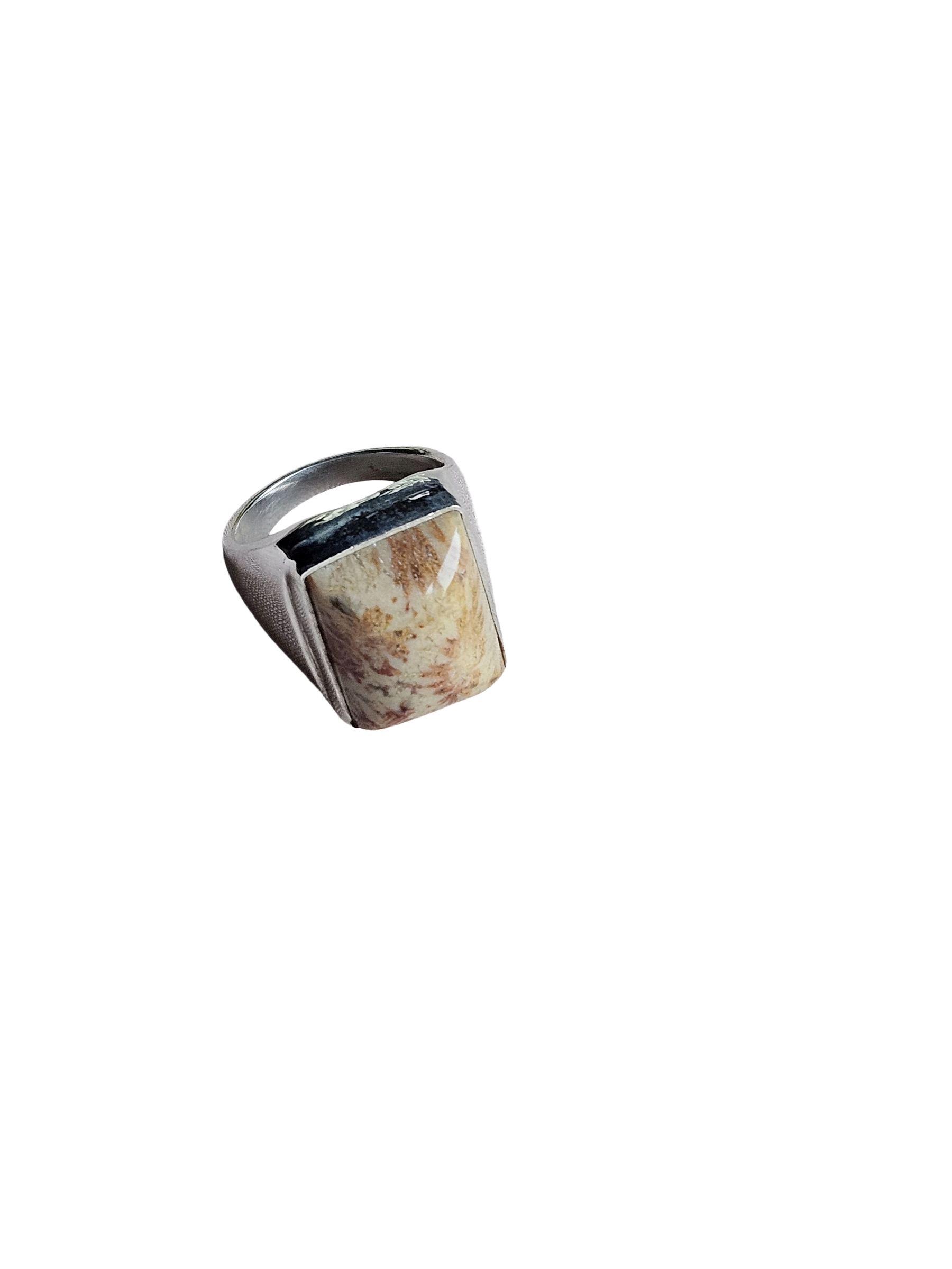 Artisan Fossil Coral Gemstone Ring – Silver Plated GS Ring for Men