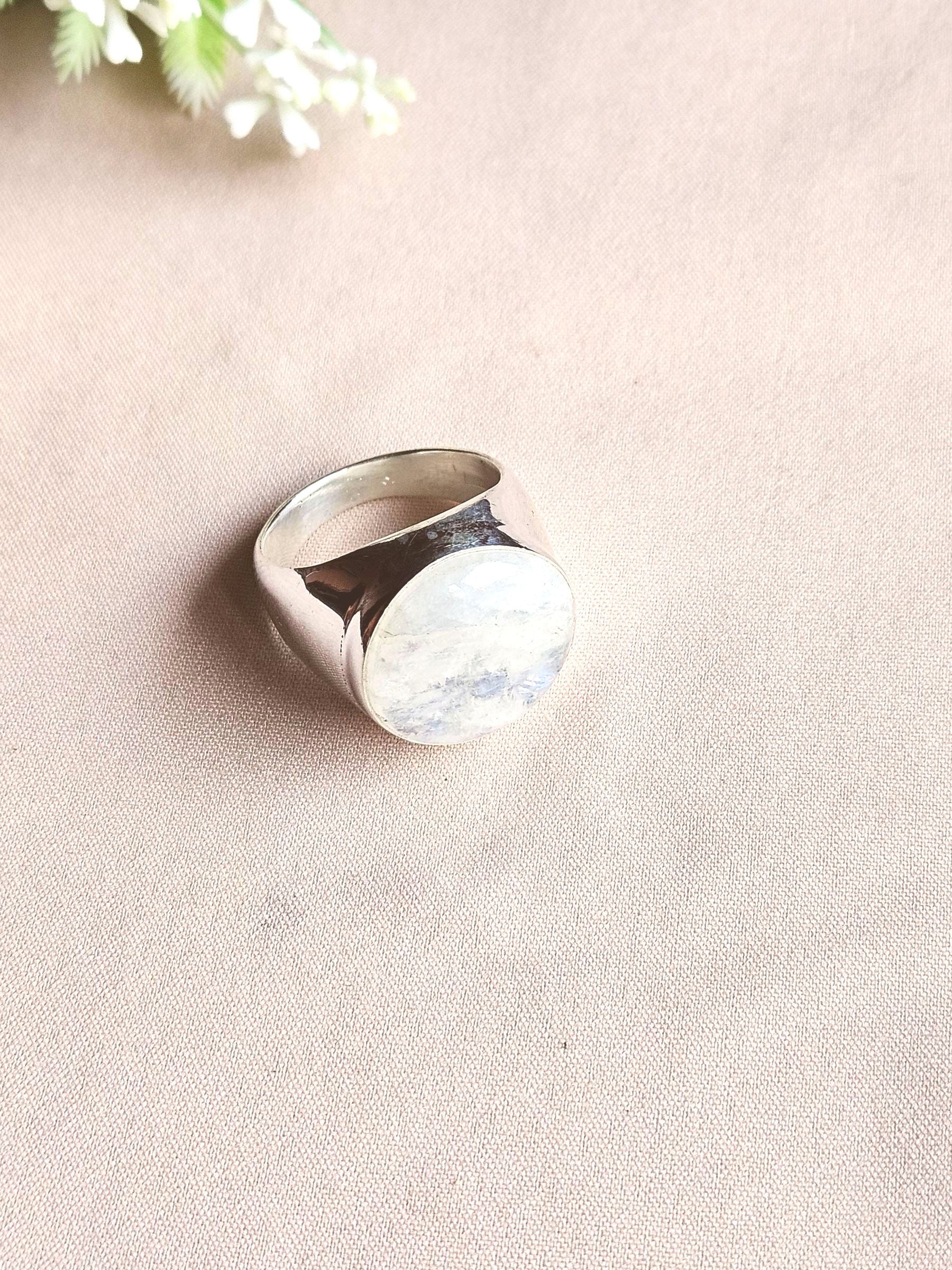 Natural White Rainbow Gemstone Men’s Ring – Handcrafted Silver Overlay GS Bold Statement Ring