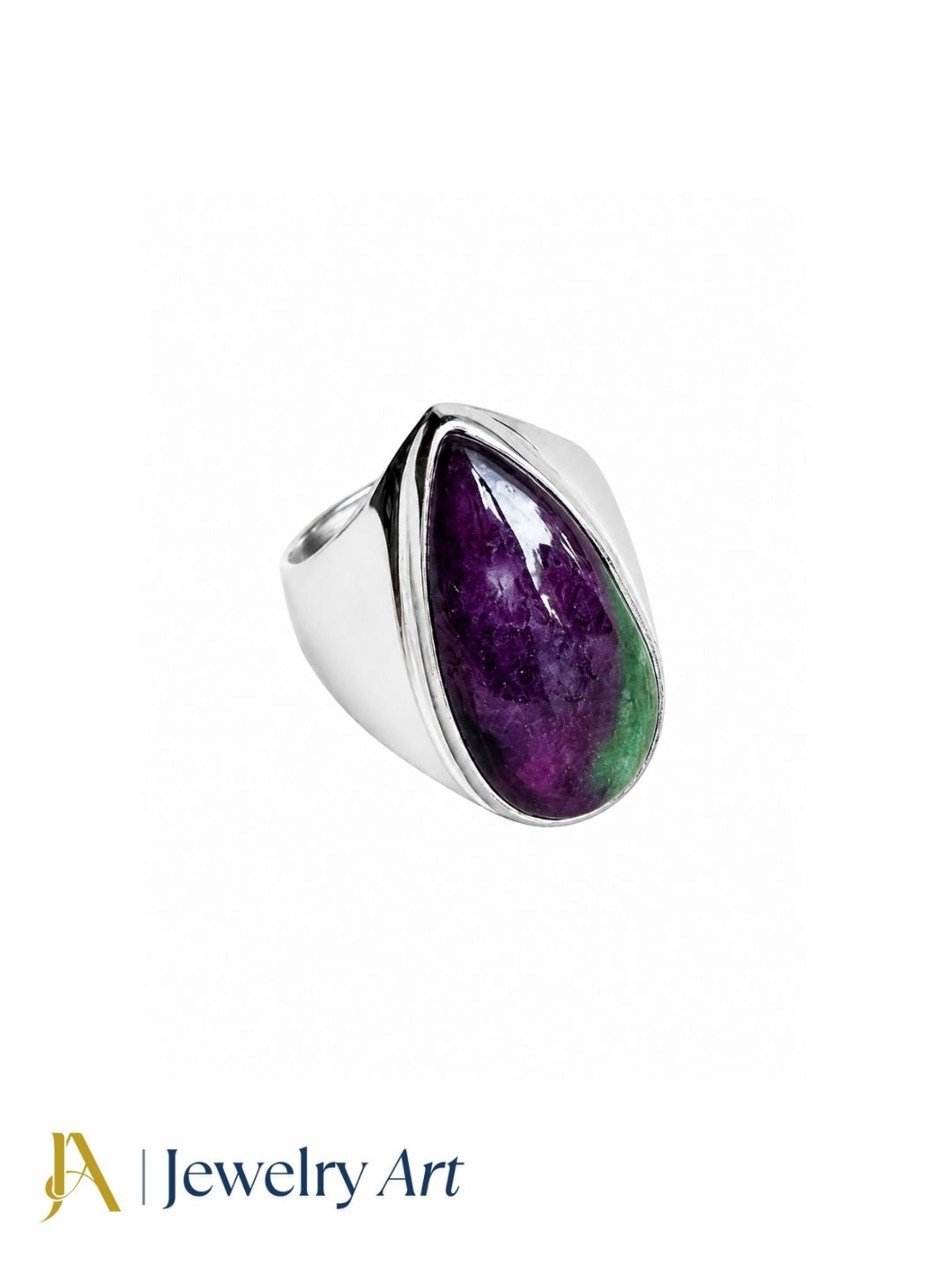 Premium Ruby Zoisite gemstone ring for men crafted in silver plated GS, handcrafted artisan statement ring isolated on a white background.
