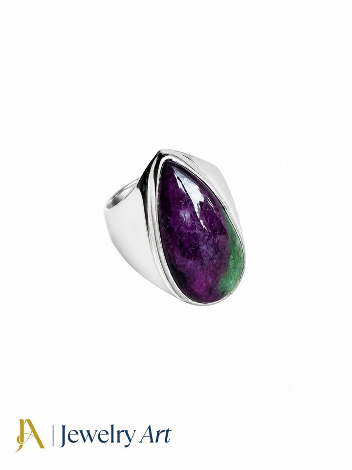 Premium Ruby Zoisite gemstone ring for men crafted in silver plated GS, handcrafted artisan statement ring isolated on a white background.
