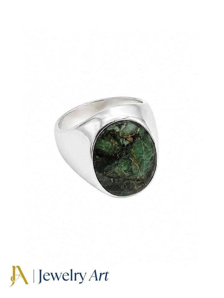 Artisan Copper Chrysocola gemstone ring for men in silver plated GS, handcrafted designer statement ring isolated on a pure white background for premium eCommerce jewelry photography.
