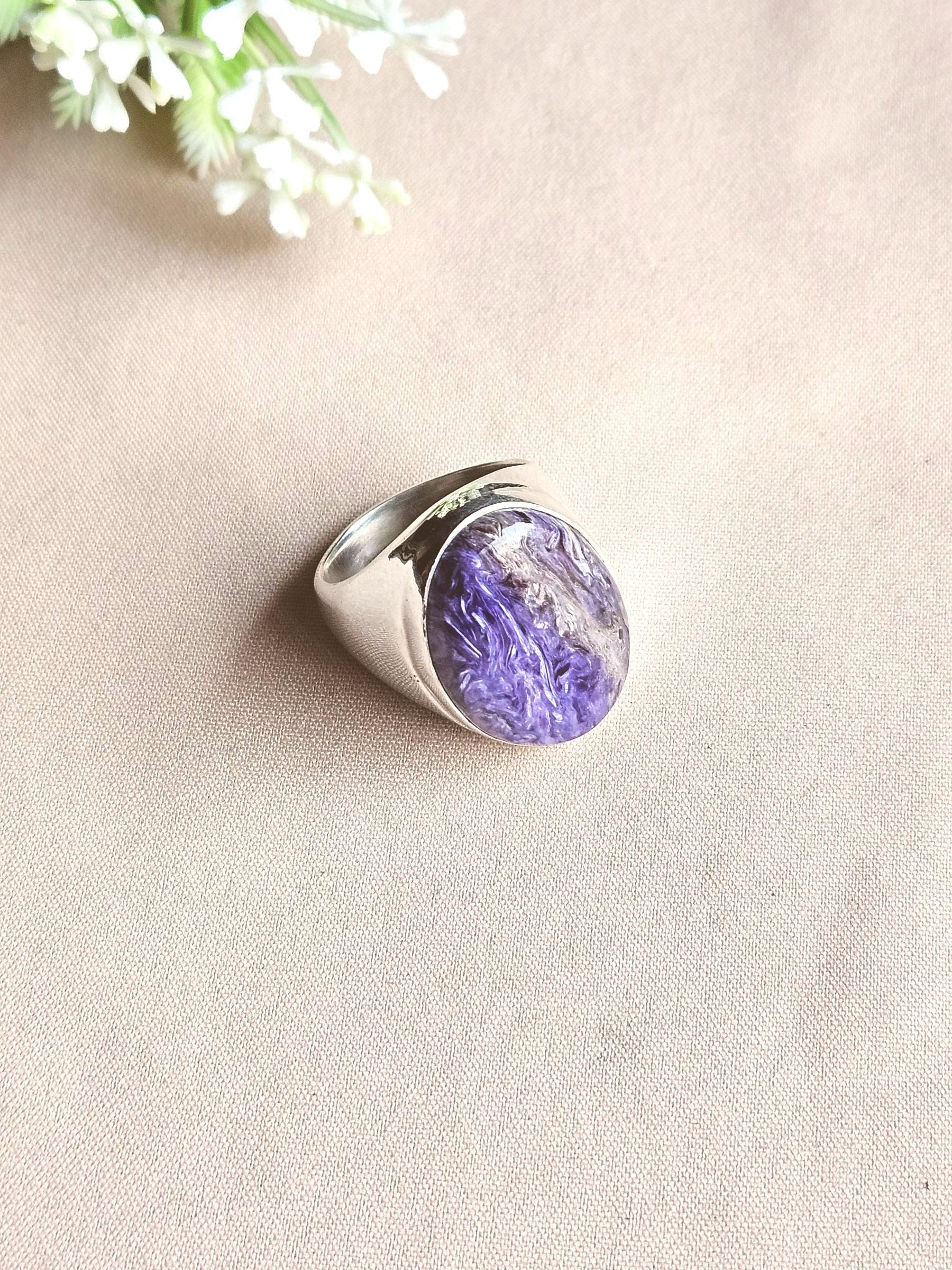 Natural Charoite Gemstone Men’s Ring – Handcrafted Silver Overlay GS Bold Statement Ring