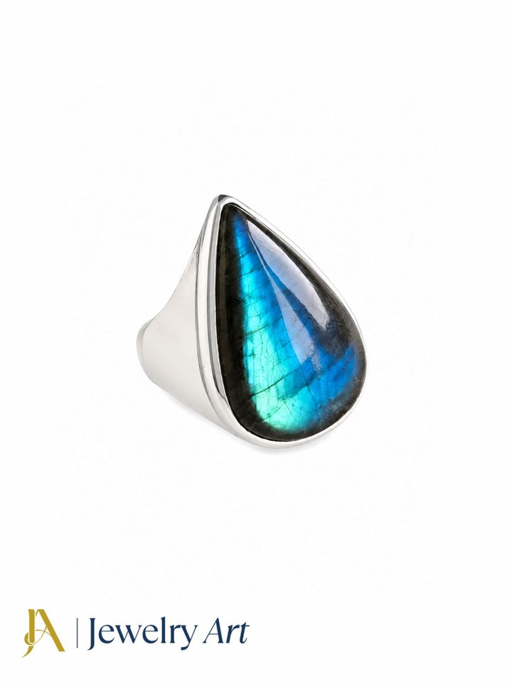 Handcrafted silver plated GS men's ring featuring a natural Labradorite gemstone, designer jewelry displayed on a pure white background with crisp product details.
