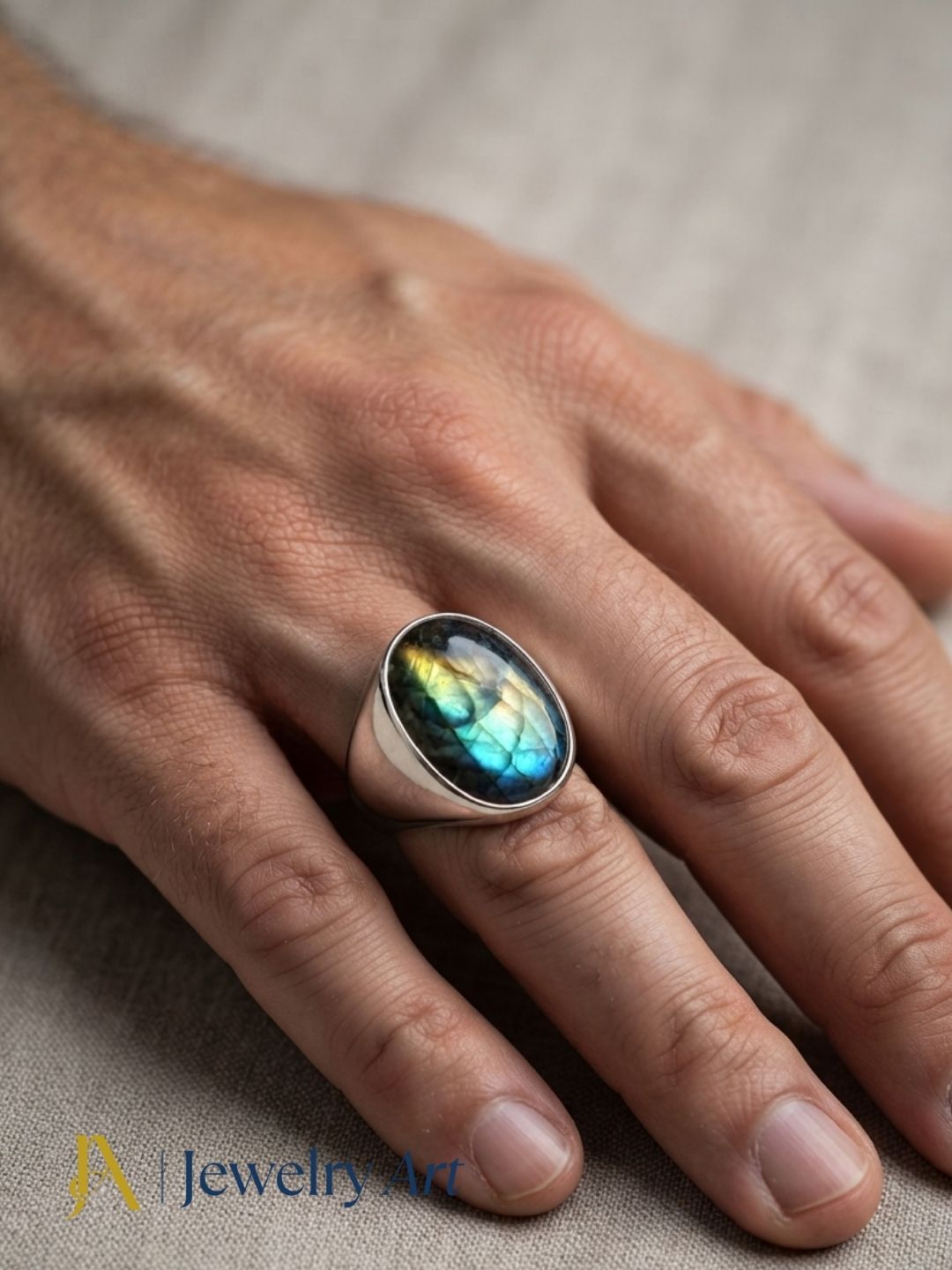 Modern men's fashion featuring a natural Labradorite gemstone handcrafted artisan ring in silver plated GS.

